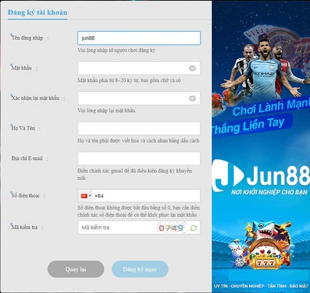 đăng nhập nhà cái jun88 điền đầy đủ thông tin